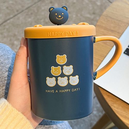 颜值带盖勺陶瓷杯办公室喝水杯情侣咖啡杯男 微笑六只熊